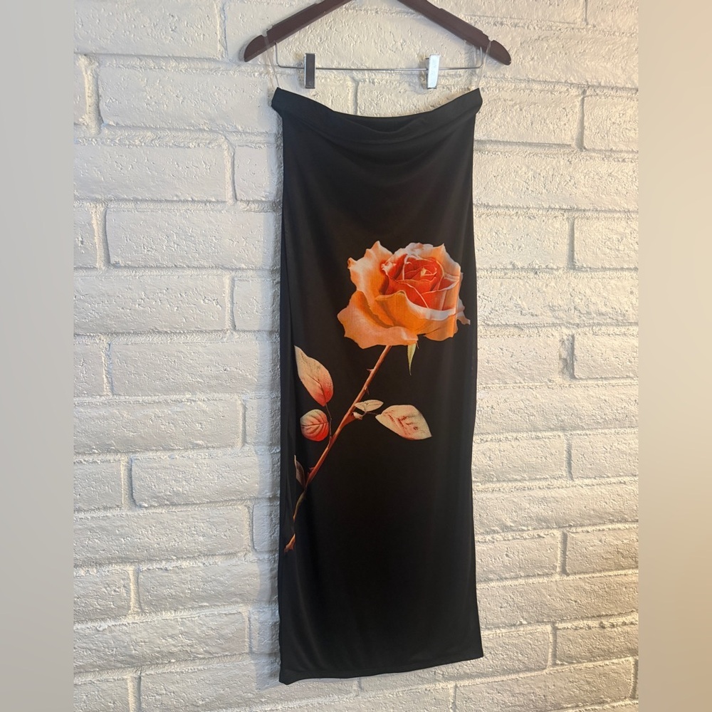 Almost Famous Black Satin Midi Dress Rose Print Slip Dress Side Slit M - Picture 2 of 5